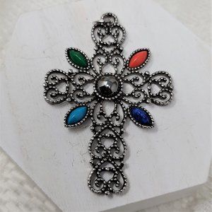 Vintage Avon Silver Tone Large Cross w/ Stones